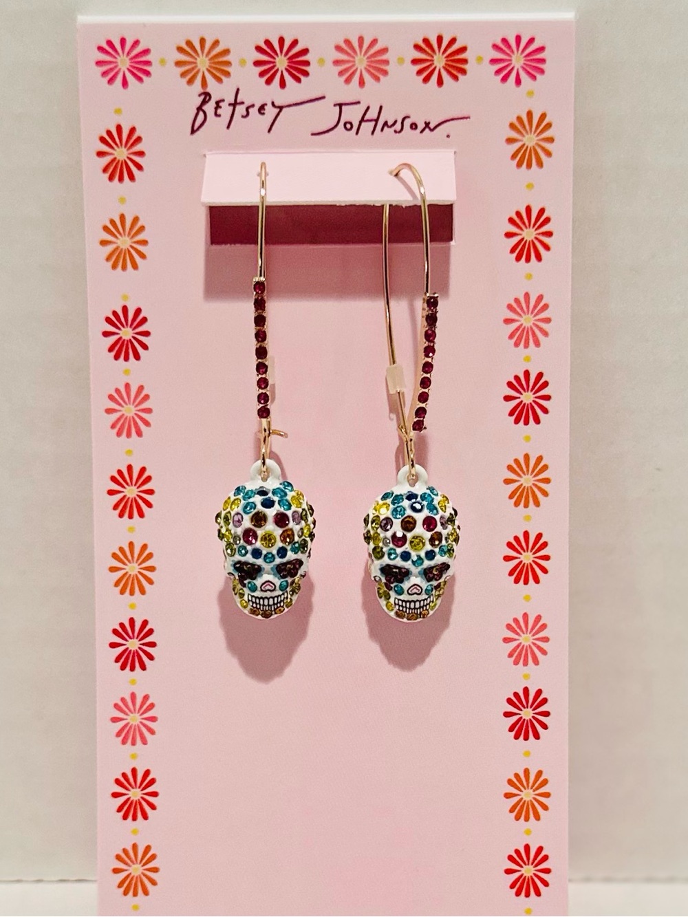 Betsey Johnson NWT Pave Skull Shepherd Hook Earrings